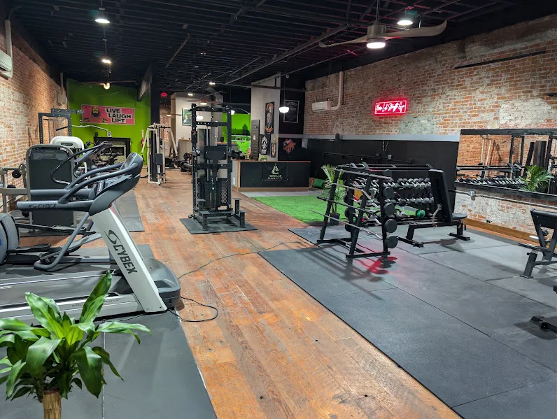 Open gym floor with cardio equipment, turf, dumbbells, and training space at Hero Lab.